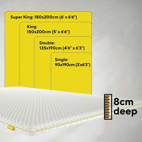 Brightr Sleep mattress topper available in various sizes with 8cm depth for extra comfort