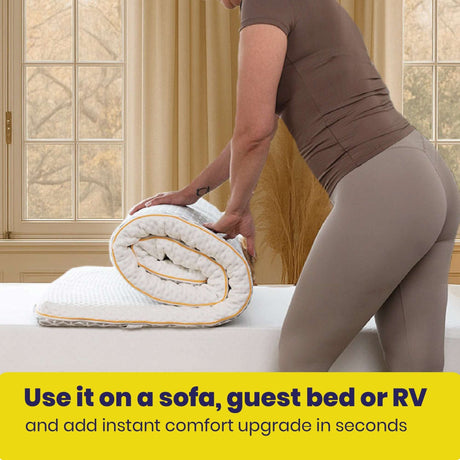 Brightr Sleep Mattress Topper rolled for easy storage, ideal for upgrading comfort on various beds or sofas