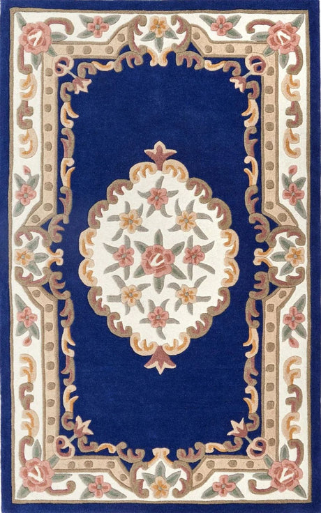 Elegant Medallion Rug with Floral Design on a Rich Blue Background for Home Decor
