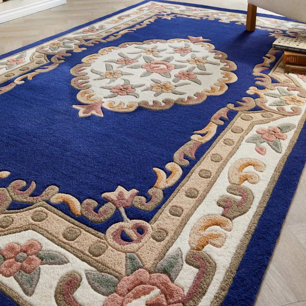 Elegant Medallion Rug in rich blue with floral motifs for a stylish home interior