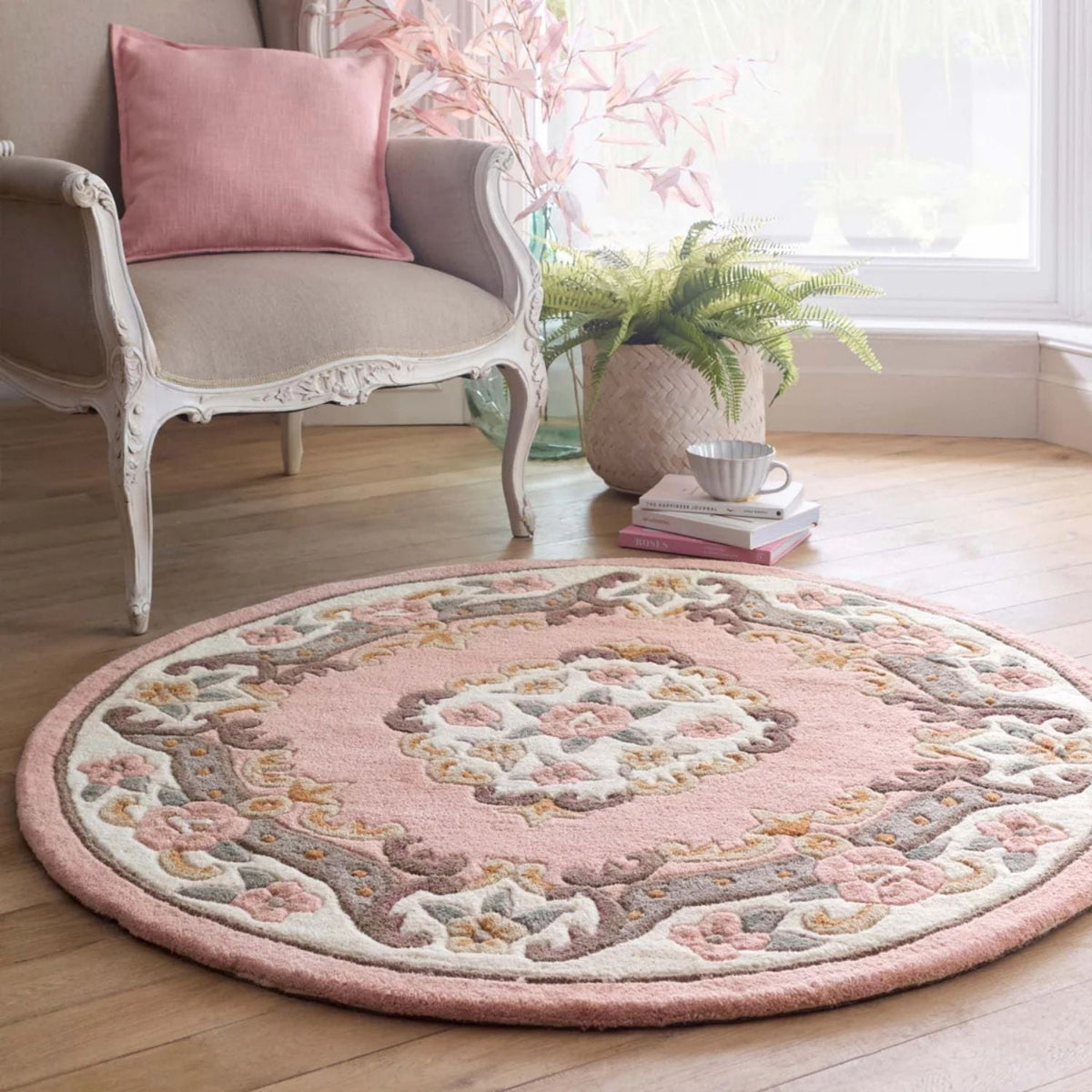Beautiful Medallion Rug in pink and cream with floral patterns, perfect for enhancing living spaces