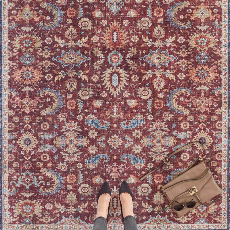 Medallion Rug in rich burgundy with intricate floral patterns, ideal for stylish home decor