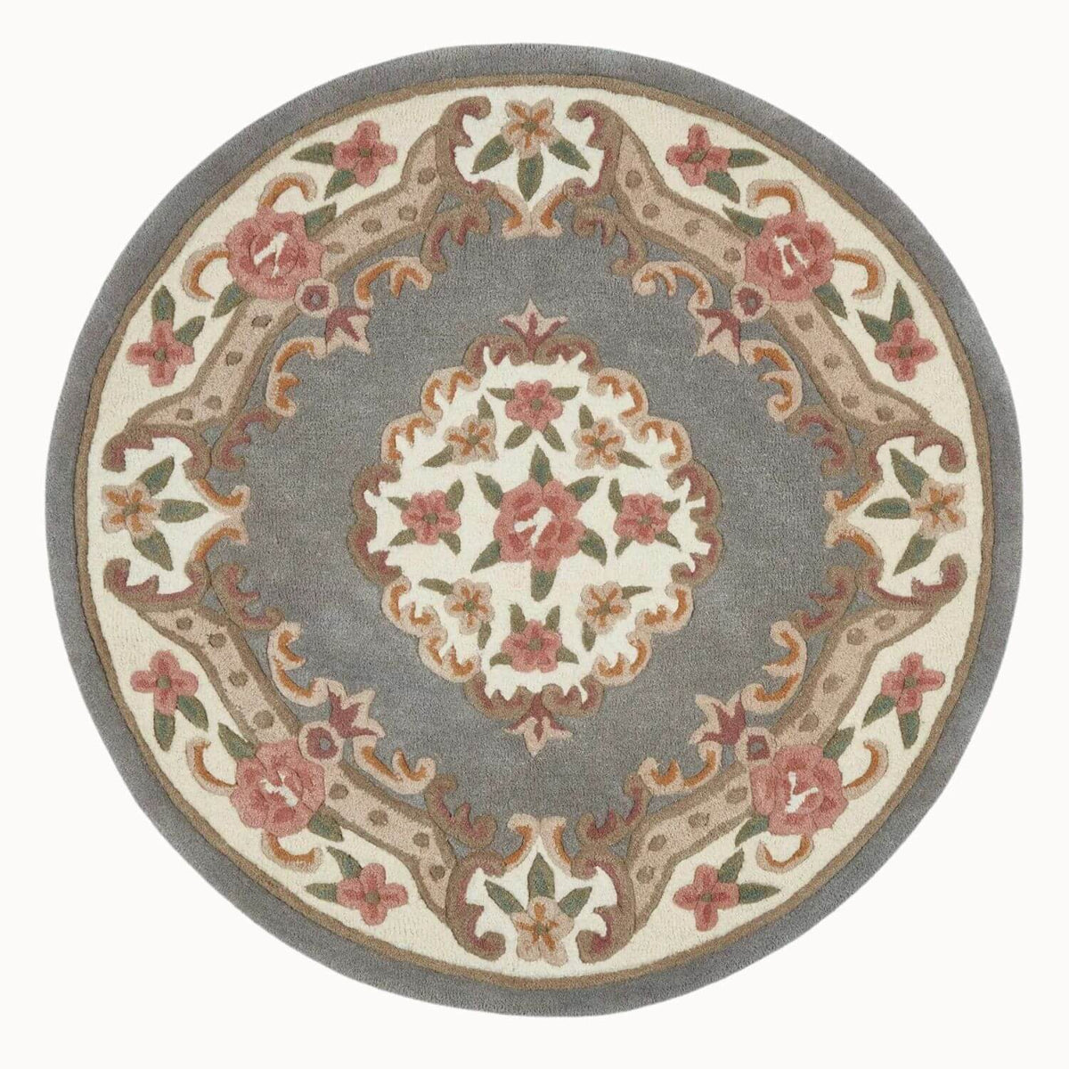 Round Medallion Rug with Floral Design and Soft Grey Background from The Rugs