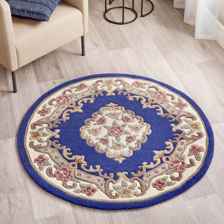 Elegant Medallion Rug featuring intricate floral patterns in rich blue and cream tones