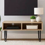Orsina Media Unit in natural wood finish with open shelves and stylish legs for modern living rooms