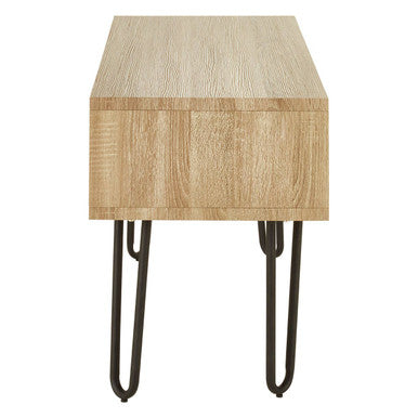 Orsina Media Unit with a natural wood finish and sleek metal legs for modern living spaces