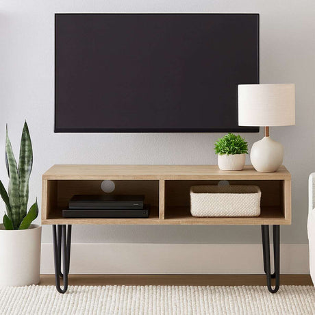 Orsina Media Unit in Natural Wood Finish with Open Storage and Stylish Legs