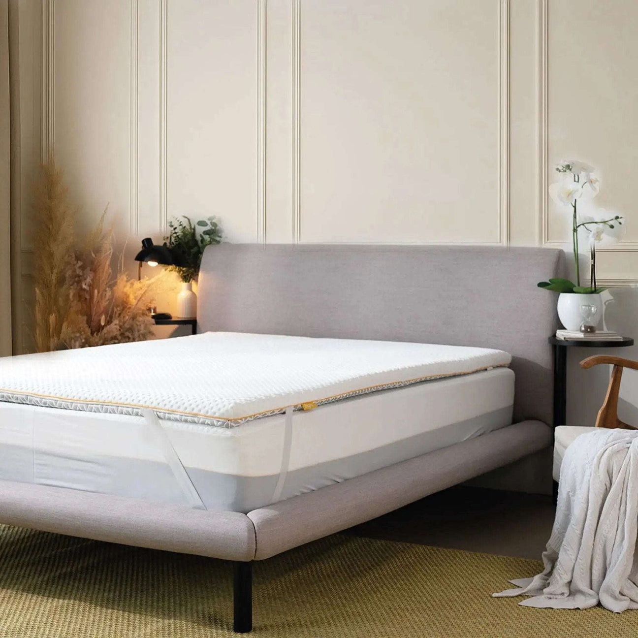 Brightr Sleep Memory Foam Mattress Topper on a stylish bed for enhanced comfort and support