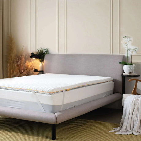 Brightr Sleep Memory Foam Mattress Topper on a stylish bed for enhanced comfort and support