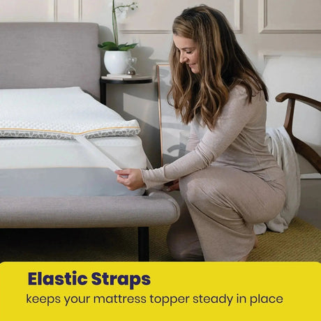 Brightr Sleep Memory Foam Mattress Topper with elastic straps ensuring steady placement on the bed