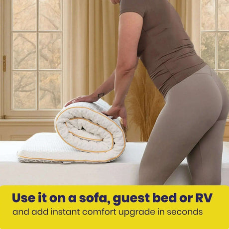 Brightr Sleep Memory Foam Mattress Topper rolled for easy use on sofa or guest bed for added comfort