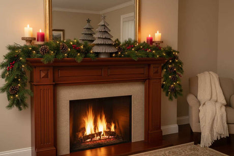 Metal Layered Tree placed on a festive mantel with candles and Christmas decorations for a warm holiday vibe