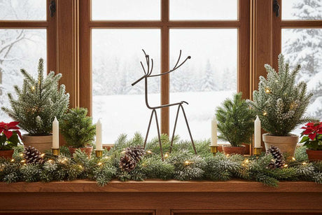 Metal Reindeer Christmas decoration accentuating a festive window display with greenery and lights