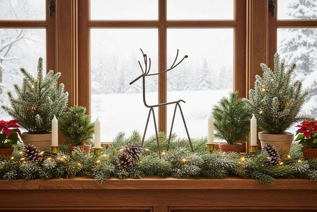 Metal Reindeer Christmas decoration accentuating a festive window display with greenery and lights