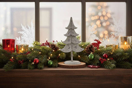 Metal Standing Tree Decoration on a Festive Mantle with Pinecones and Colourful Lights