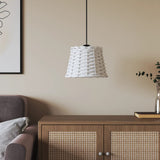 vidaXL White Woven Lampshade Hanging Above a Contemporary Sofa and Wooden Table