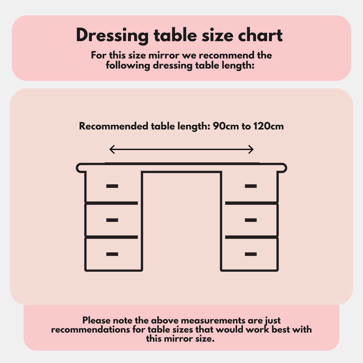 Dressing table size chart for a Hollywood mirror, recommending table length of 90 to 120cm
