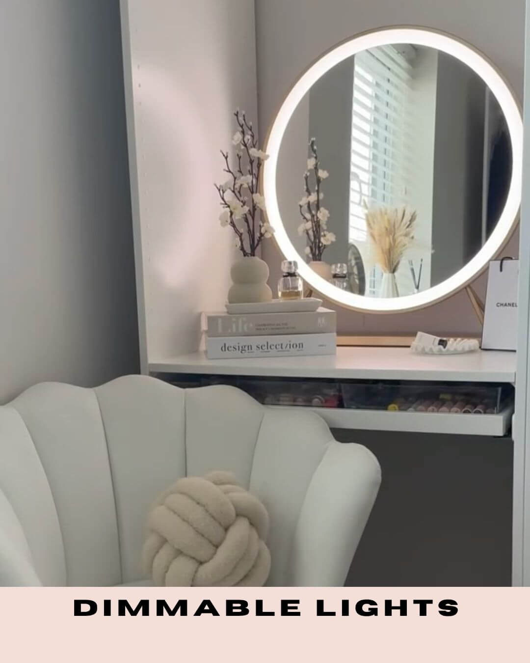 Hollywood mirror with dimmable lights, perfect for makeup and styling in modern interiors