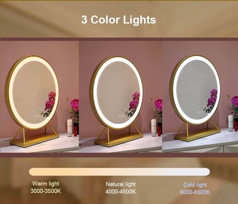 Hollywood mirror with three colour light options: warm, natural, and cold for versatile lighting needs