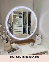 Hollywood mirror with a slimline base and LED lights, perfect for stylish makeup application