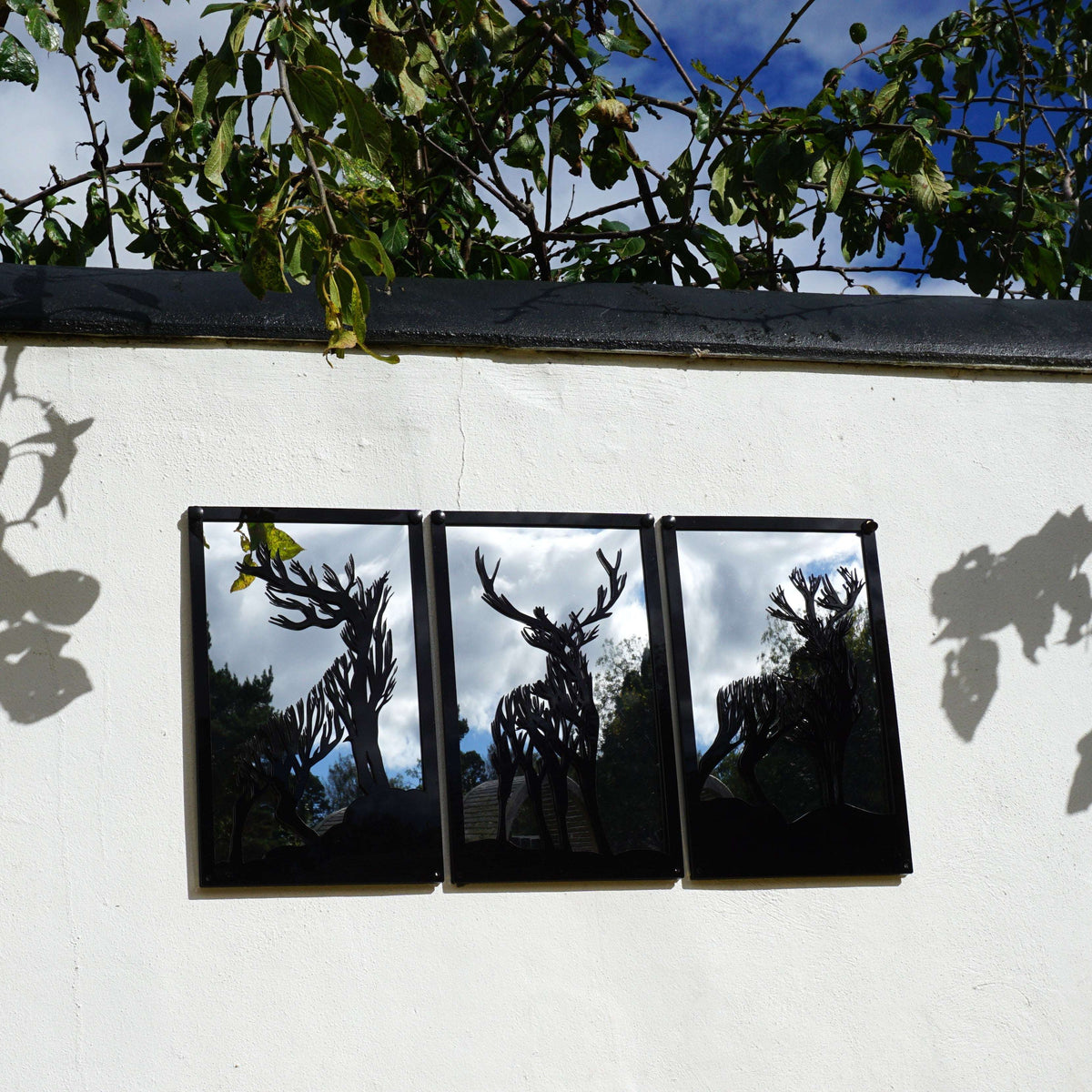 SunCatcher-UK Garden Mirror Panel featuring three deer silhouettes in stylish black frames