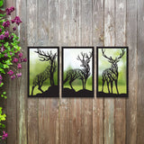 SunCatcher-UK Garden Mirror Panel with deer silhouette design on a rustic wooden background