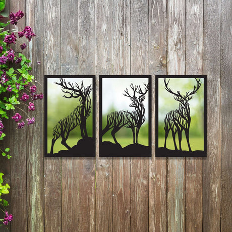 SunCatcher-UK Garden Mirror Panel with deer silhouette design on a rustic wooden background