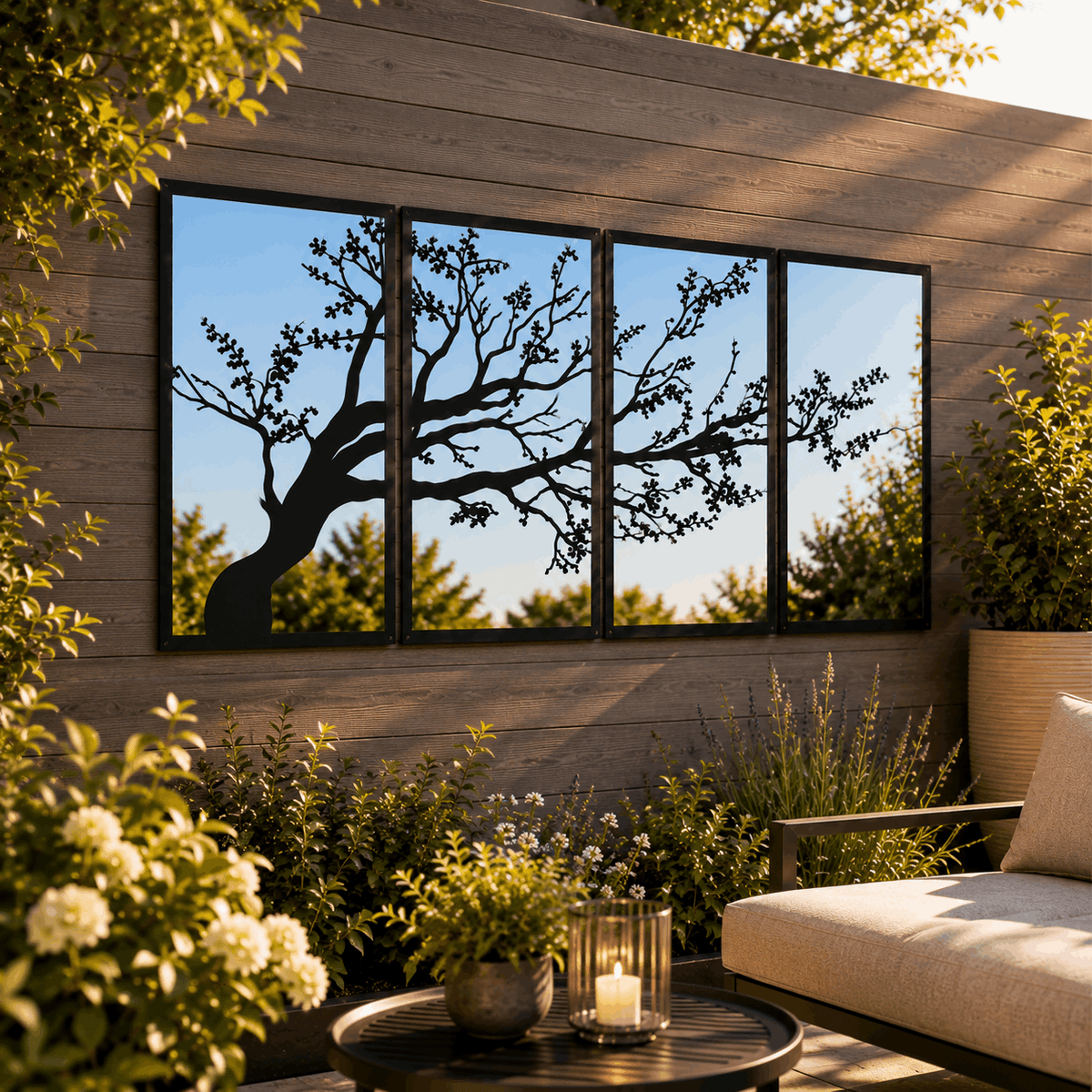 SunCatcher-UK Garden Mirror Set featuring a decorative tree silhouette design for outdoor spaces