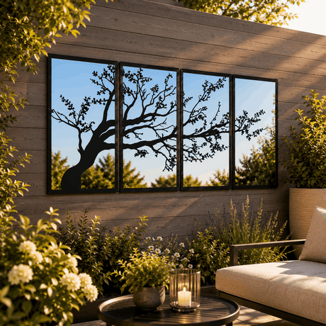 SunCatcher-UK Garden Mirror Set featuring a decorative tree silhouette design for outdoor spaces