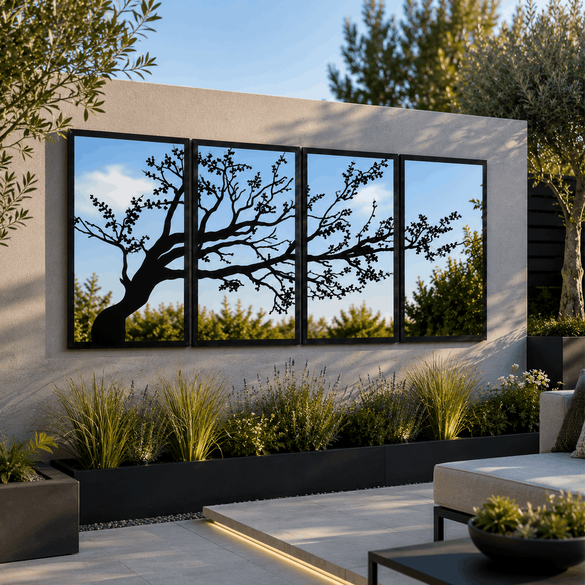 SunCatcher-UK Mirror Set featuring a modern garden design with tree silhouettes and reflective surfaces