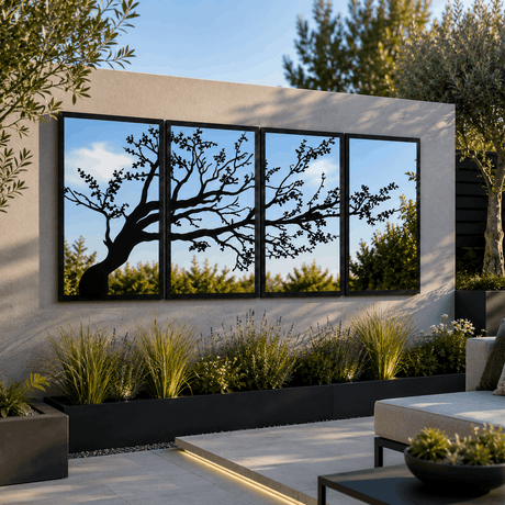 SunCatcher-UK Mirror Set featuring a modern garden design with tree silhouettes and reflective surfaces