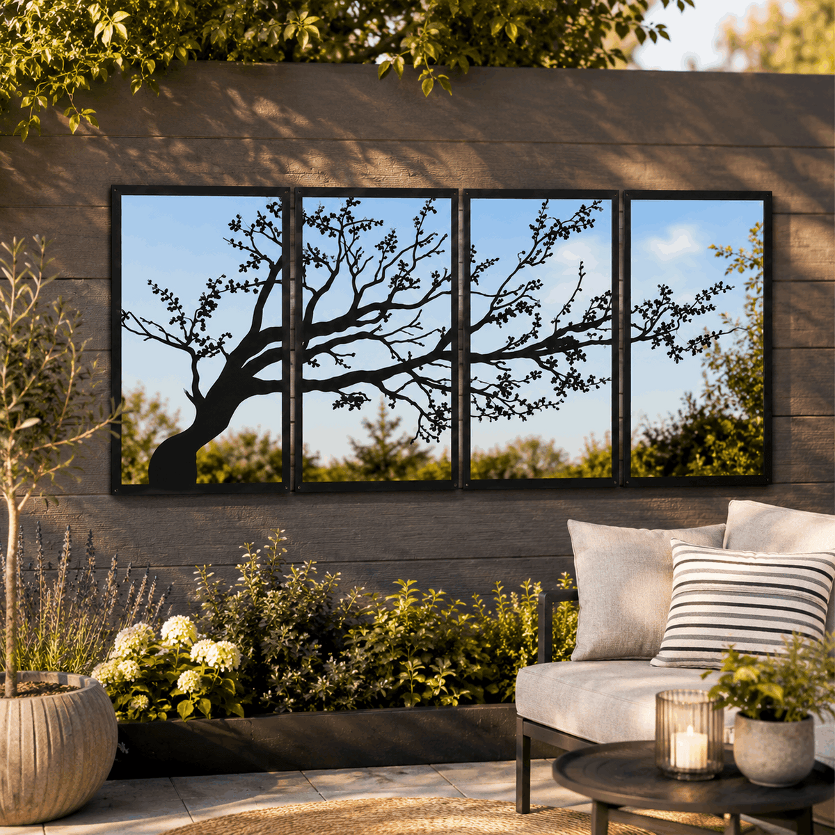 SunCatcher-UK Garden Mirror Set featuring a tree silhouette design for outdoor decor