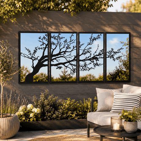 SunCatcher-UK Garden Mirror Set featuring a tree silhouette design for outdoor decor