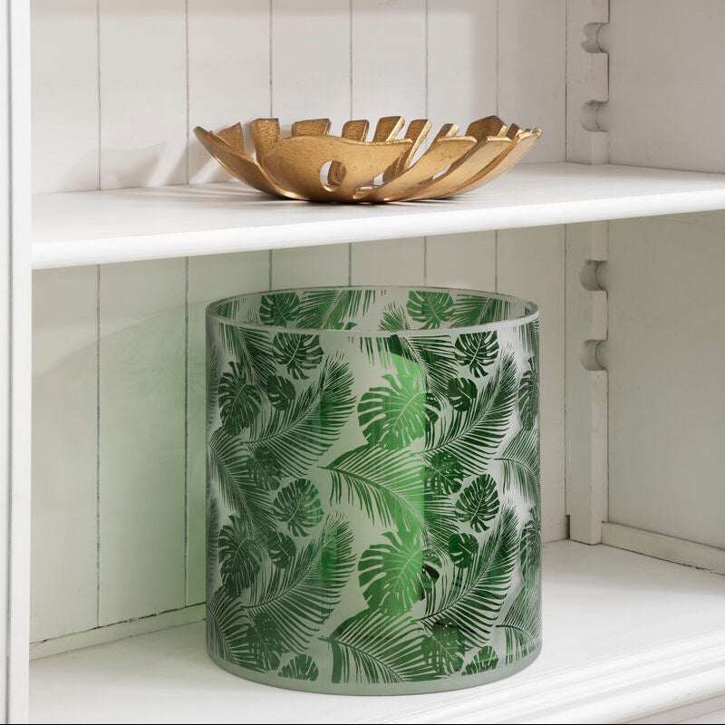 Orsina Green Glass Candle Holder with Leaf Design for Elegant Home Decor