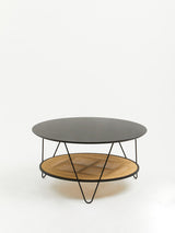 Orsina Coffee Table with a sleek black top and a natural wood lower shelf for stylish living rooms