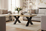 Stylish Shades 4 Seasons Coffee Table with a wooden top and black cross legs, perfect for modern living rooms.