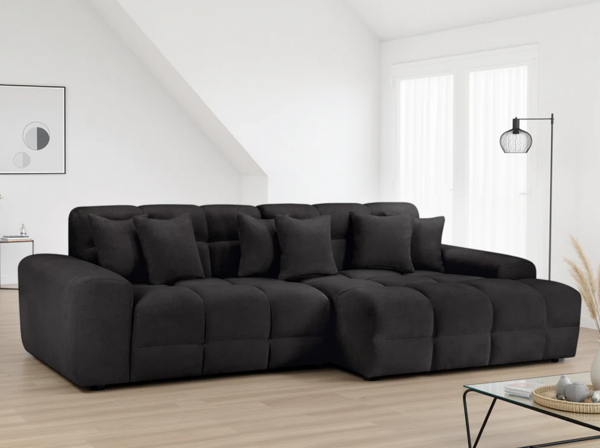 Stylish Corner Sofa in Dark Fabric with Cushions, Ideal for Modern Living Rooms