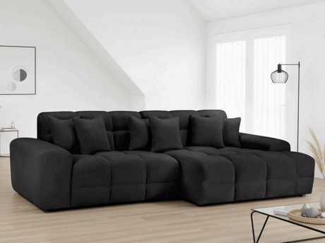 Stylish Corner Sofa in Dark Fabric with Cushions, Ideal for Modern Living Rooms