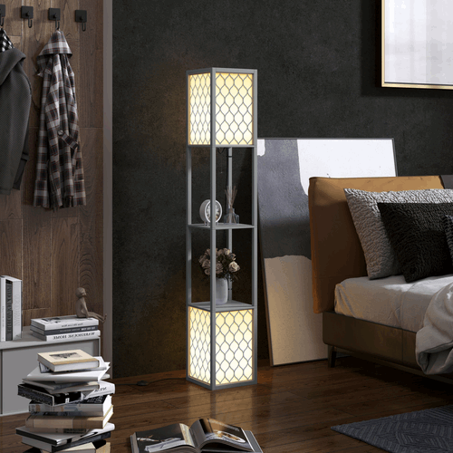 HOMCOM 2-Light Modern Floor Lamp with Shelves for Living Room, Bedroom, Grey HOMCOM