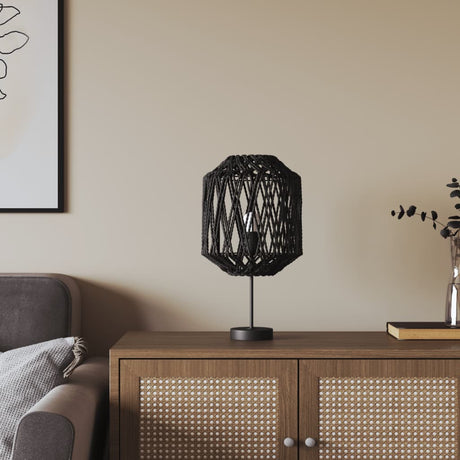 Modern black lamp shade on a stylish table lamp in a contemporary living room setting