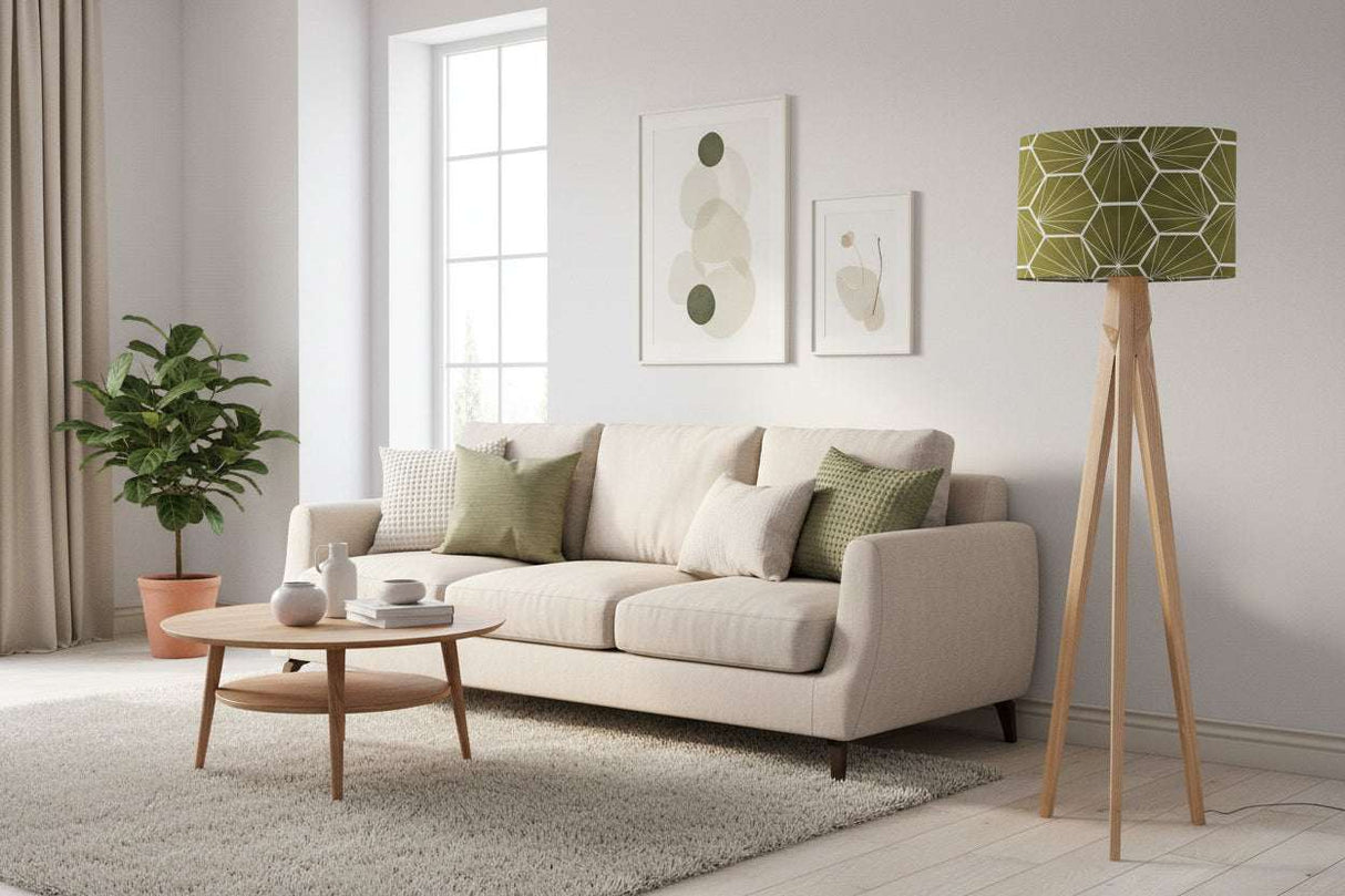 Stylish Shadow Bright lampshade featuring a geometric green design on a modern floor lamp