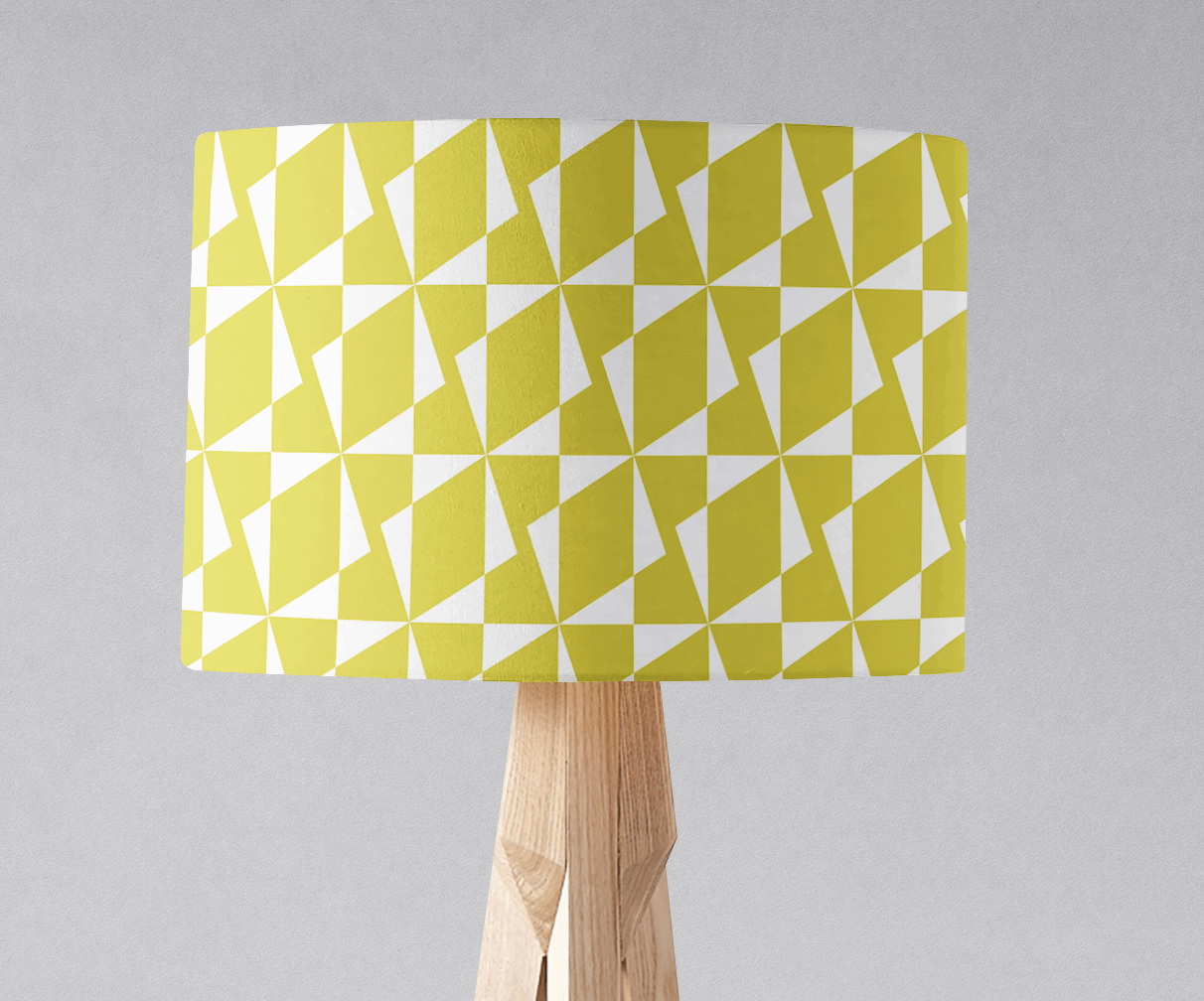 Bright yellow lampshade with geometric pattern designed by Shadow Bright