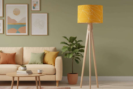 Shadow Bright Yellow Lampshade on a Modern Floor Lamp in a Stylish Living Room Setting