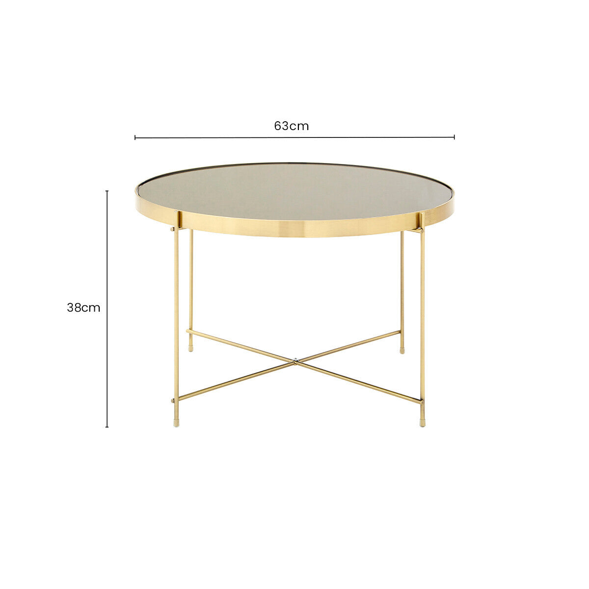 Orsina Side Table with Round Glass Top and Gold Metal Legs, 63cm Diameter, 38cm Height