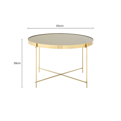 Orsina Side Table with Round Glass Top and Gold Metal Legs, 63cm Diameter, 38cm Height