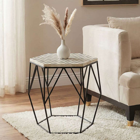 Orsina Side Table with Hexagonal Design and Black Metal Frame for Modern Living Spaces
