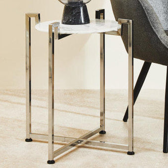 Orsina Side Table with a sleek chrome frame and marble top, perfect for modern living rooms