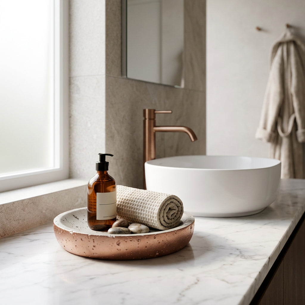 Orsina Soap Dish in Copper with Decorative Stones and Rolled Towel for Modern Bathrooms