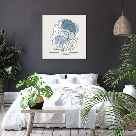 Stylish Wall Art Canvas featuring abstract face design in soft blue tones for modern bedrooms