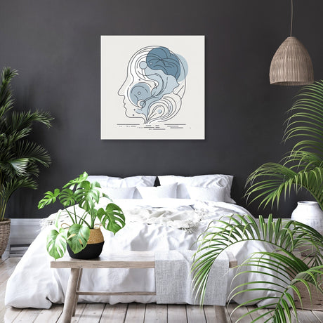 Stylish Wall Art Canvas featuring abstract face design in soft blue tones for modern bedrooms
